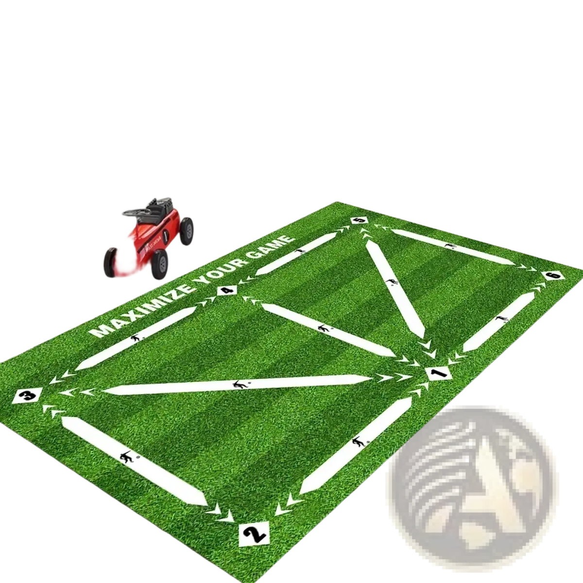 Green turf-style non slip soccer training mat with white arrows numbered zones and maximize your game text for dribbling practice