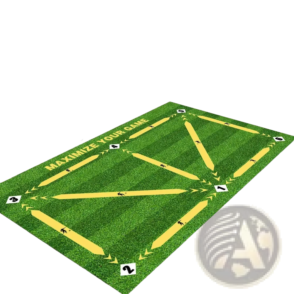 Green non slip soccer training mat with yellow lane markings and numbered checkpoints for dribble practice