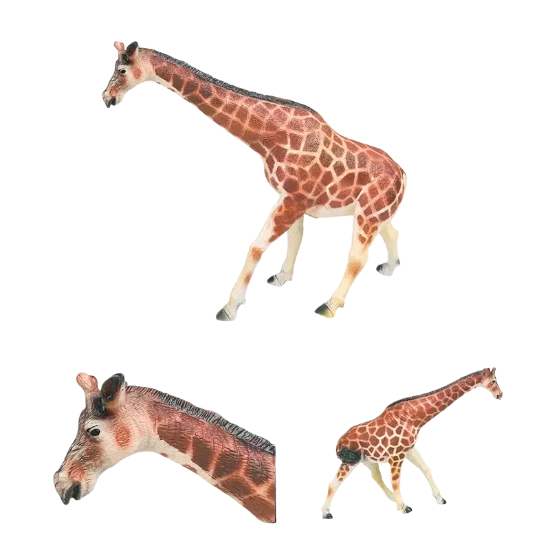 Soft animal figurine finished goods featuring a 20cm tall brown and cream spotted rubber-filled giraffe toy