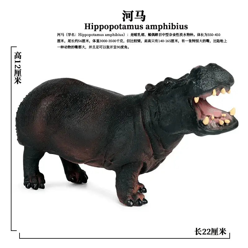 Black plastic soft animal figurine hippopotamus with detailed textured skin and open mouth for finished goods use