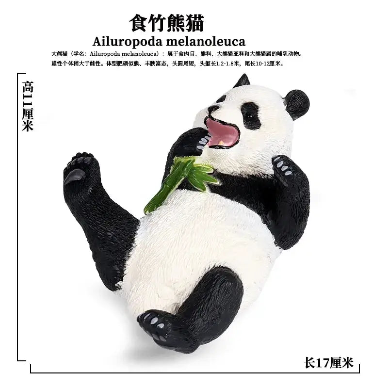 A black-and-white panda figurine with detailed fur texture holding green bamboo stalk finished goods toy