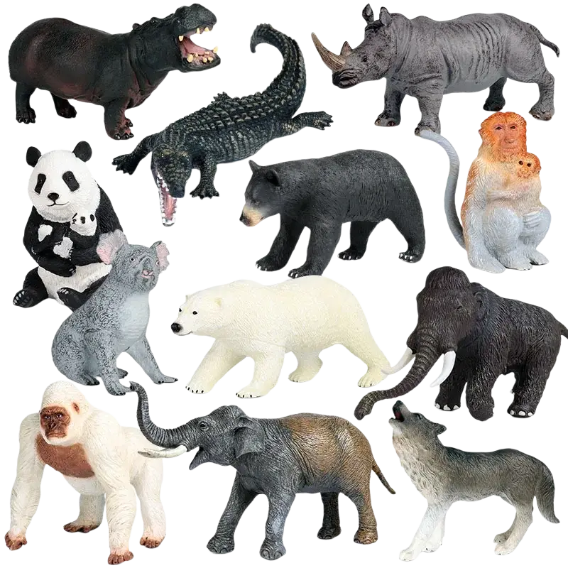 A collection of finished goods soft animal figurine decompression toys featuring colorful detailed plastic animals