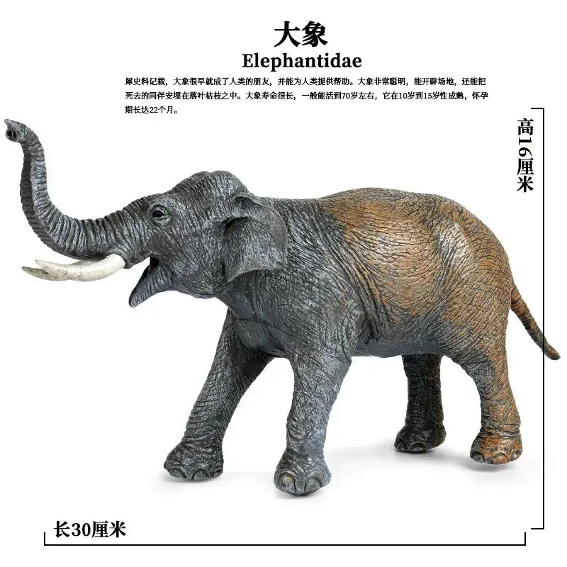 A detailed gray and brown plastic elephant figurine with textured skin and white tusks as finished goods