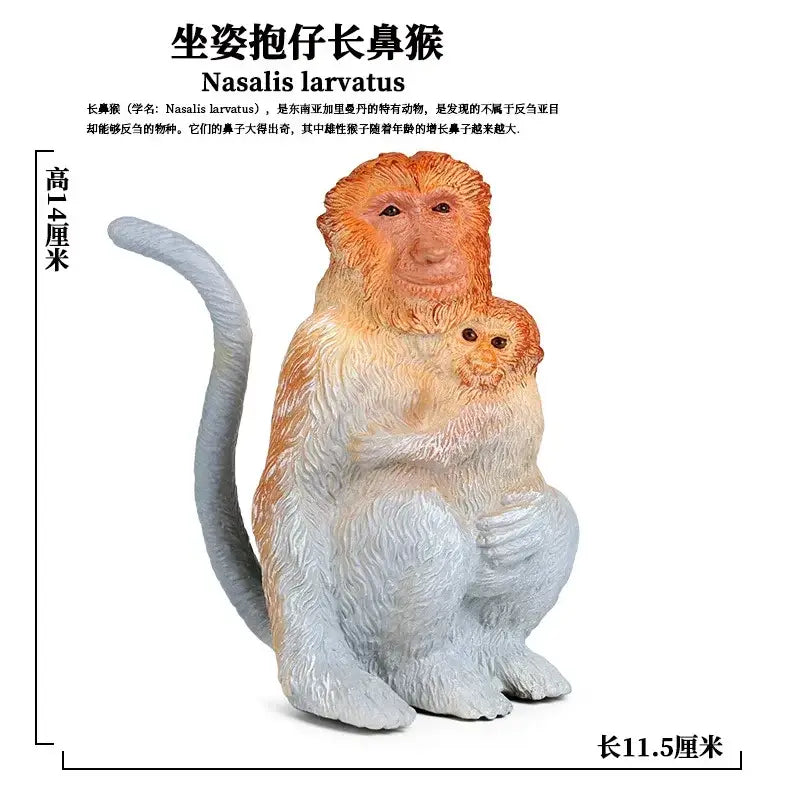A detailed resin soft animal figurine of an adult and infant proboscis monkey with realistic orange-brown fur finished goods