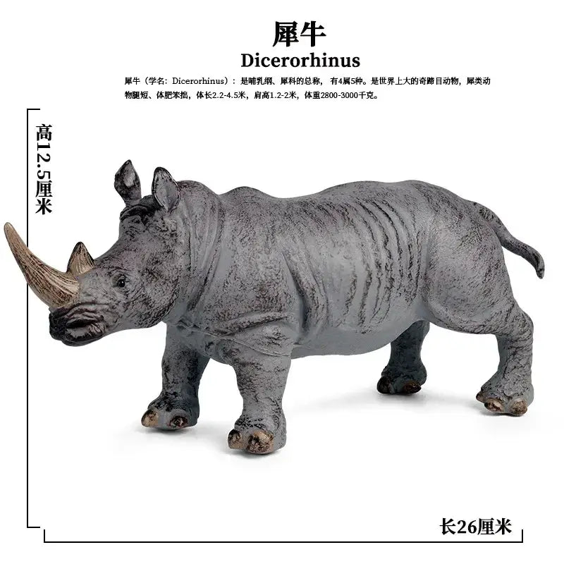 Gray plastic rhinoceros figurine with textured skin and prominent horn as soft animal finished goods toy