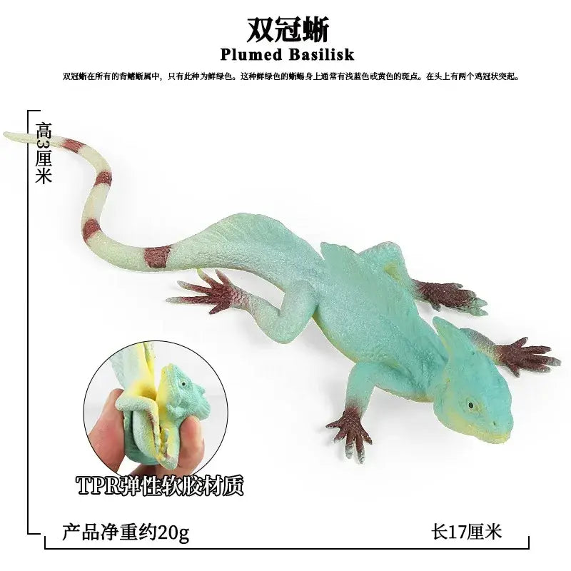 Soft animal figurine finished goods plumed basilisk toy lizard in light green ttpr elastic rubber with brownish-red spots