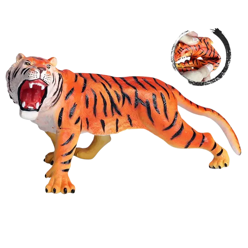 Soft animal figurine decompression toy in orange and black silicone with detailed white underbelly and realistic paw pads finished goods