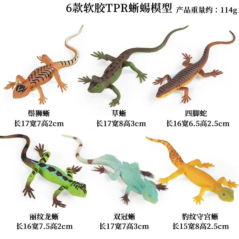 Six soft tpr lizard models in various colors as finished goods for soft animal figurine decompression toys