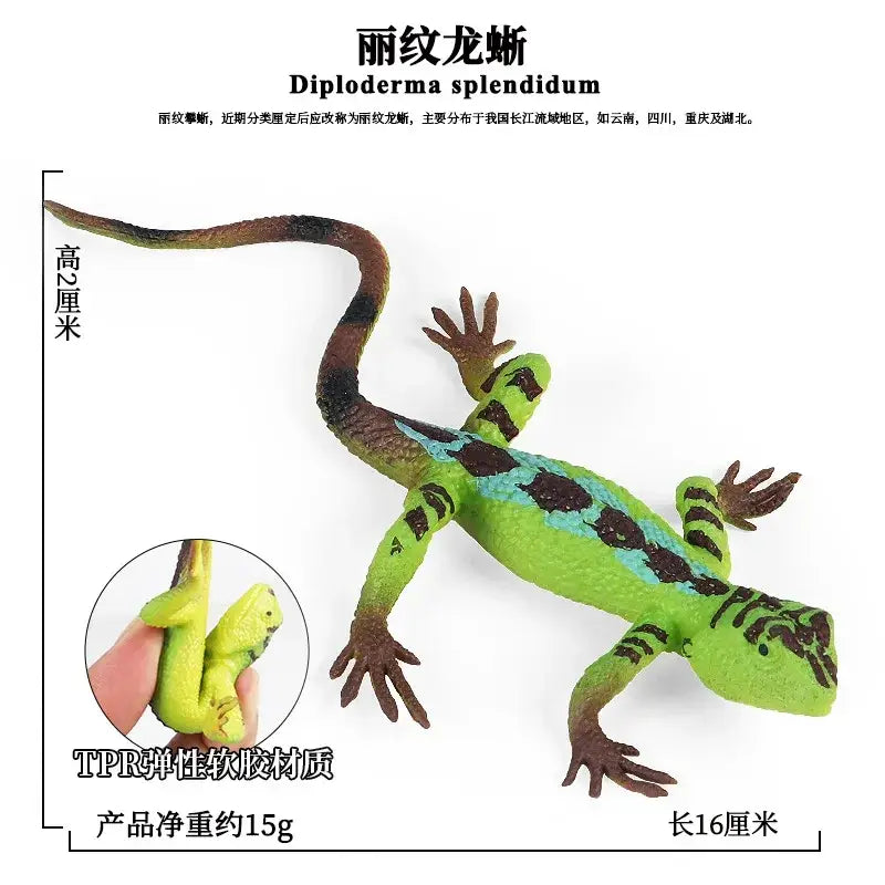 A vibrant green and brown plastic lizard figurine with detailed scales and black markings, a soft animal finished goods toy