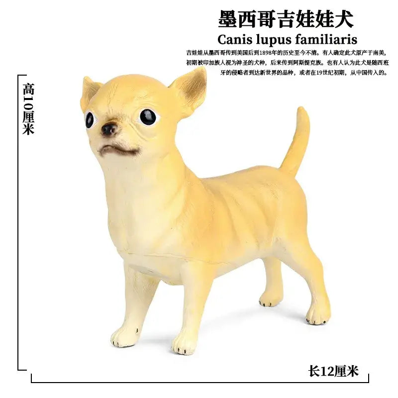 A yellow plastic chihuahua figurine with black eyes and nose standing alert as soft animal figurine finished goods