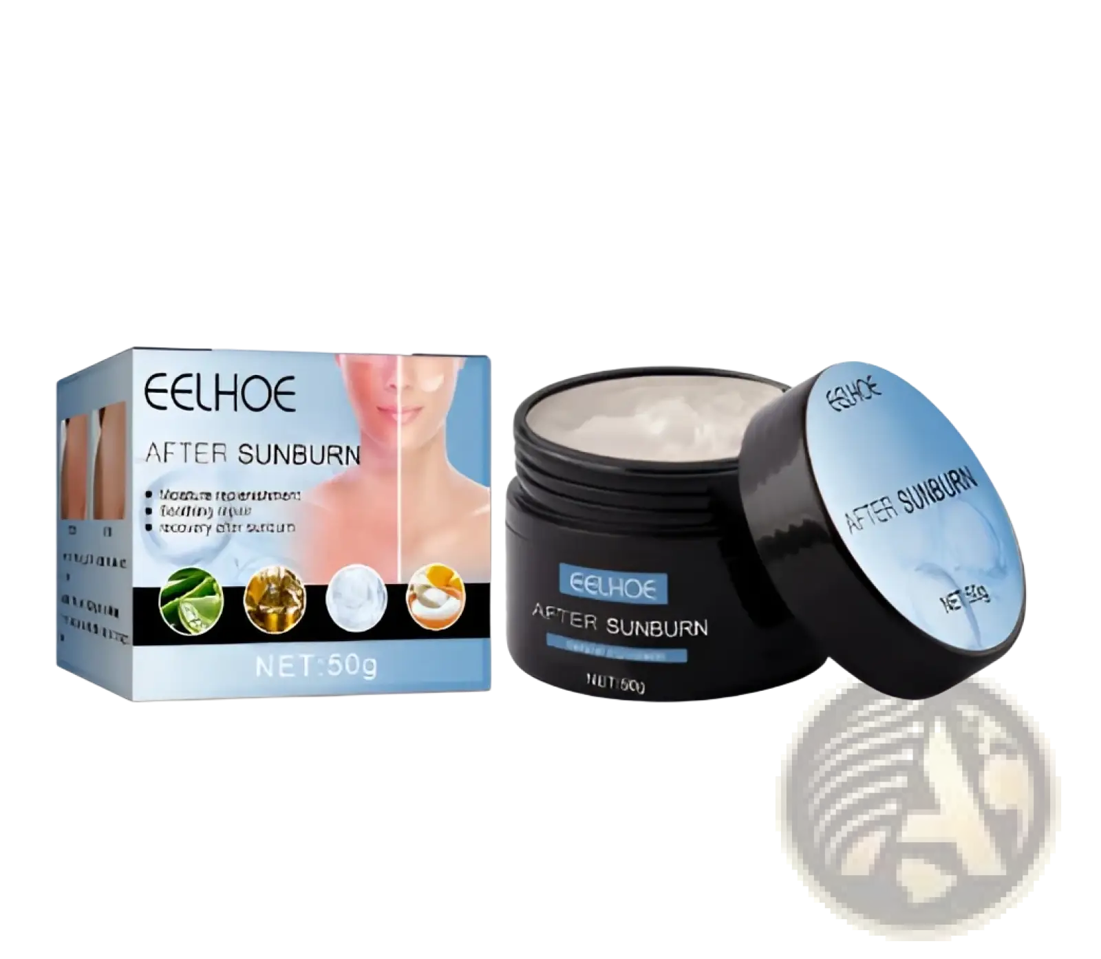 Black eelhoe soft brown suntanning beauty cream 50g jar with silver lid and blue label shown from the back side