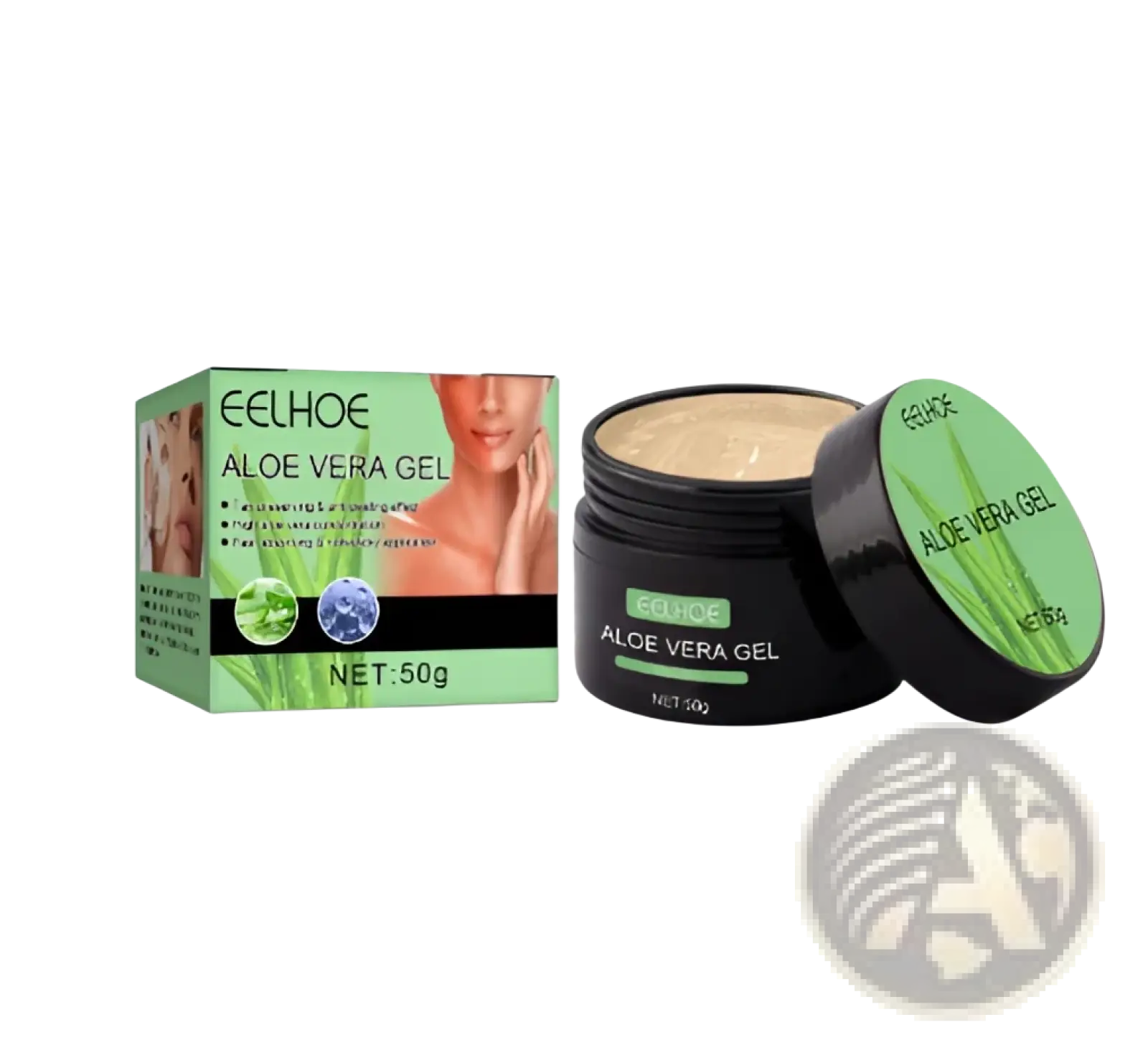 Black jar with green lid and label containing aloe vera gel in soft brown suntanning beauty cream 50g packaging