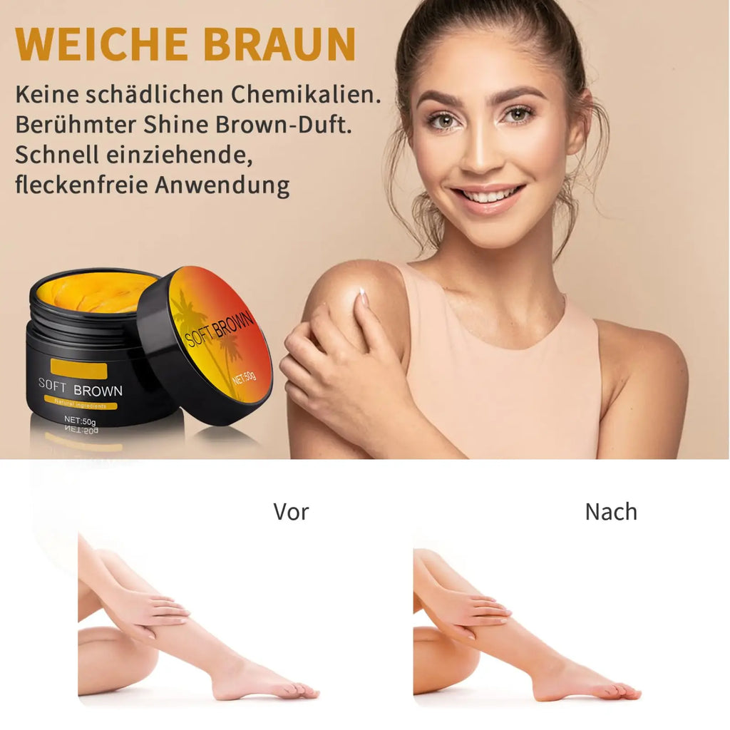 A black jar labeled soft brown with an orange and yellow lid contains golden-brown soft brown suntanning beauty cream 50g