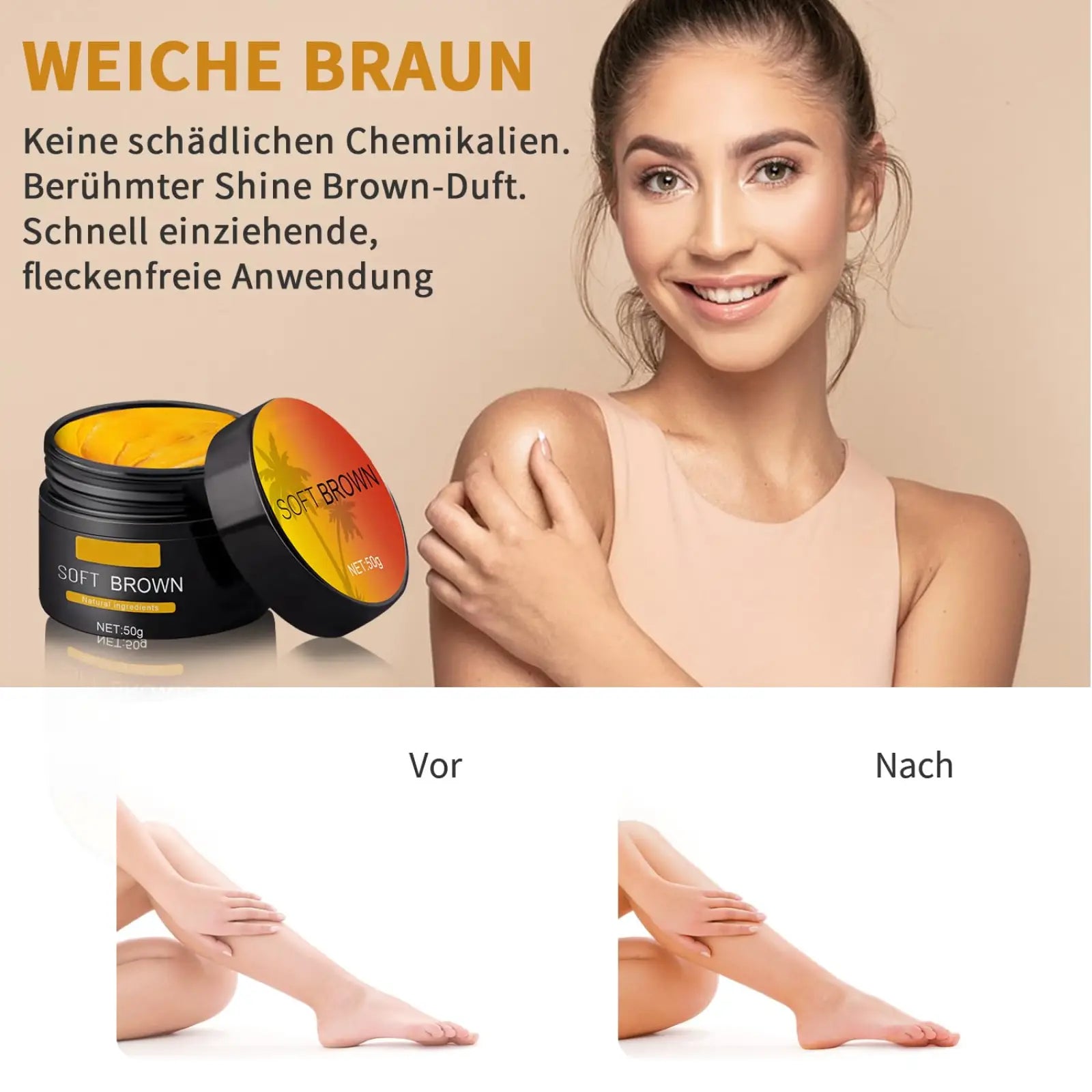 A black jar labeled soft brown with an orange and yellow lid contains golden-brown soft brown suntanning beauty cream 50g