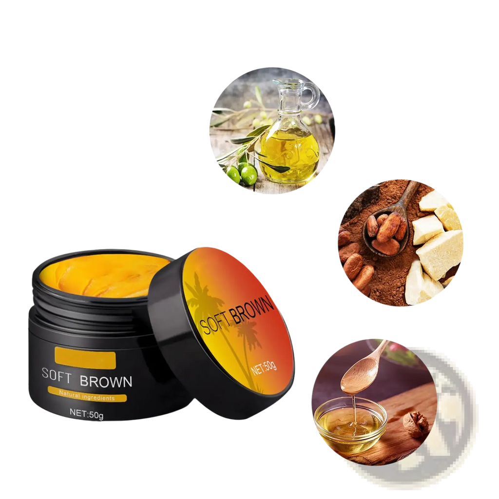 Soft brown suntanning beauty cream 50g in a black jar with orange lid containing yellowish brown creamy substance