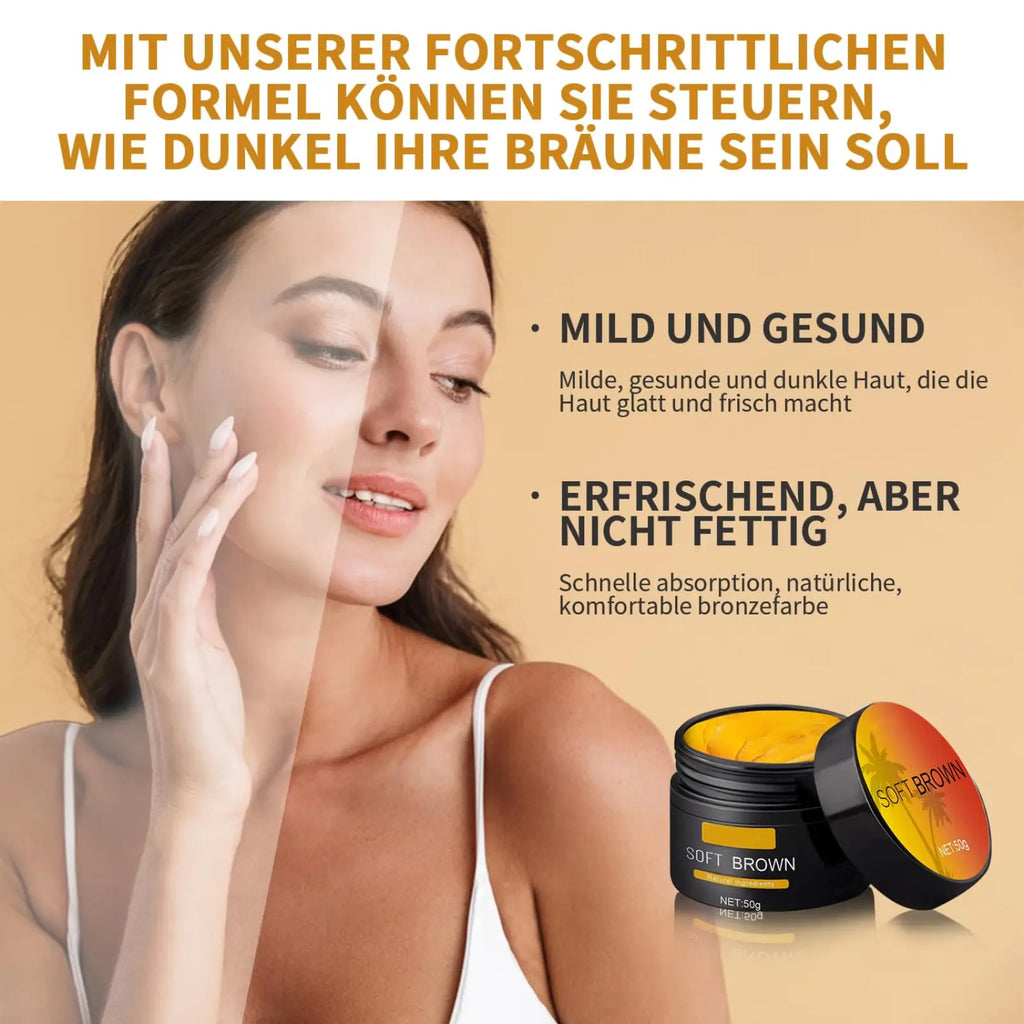 Black jar with orange lid containing yellowish-brown balm labeled soft brown suntanning beauty cream 50g
