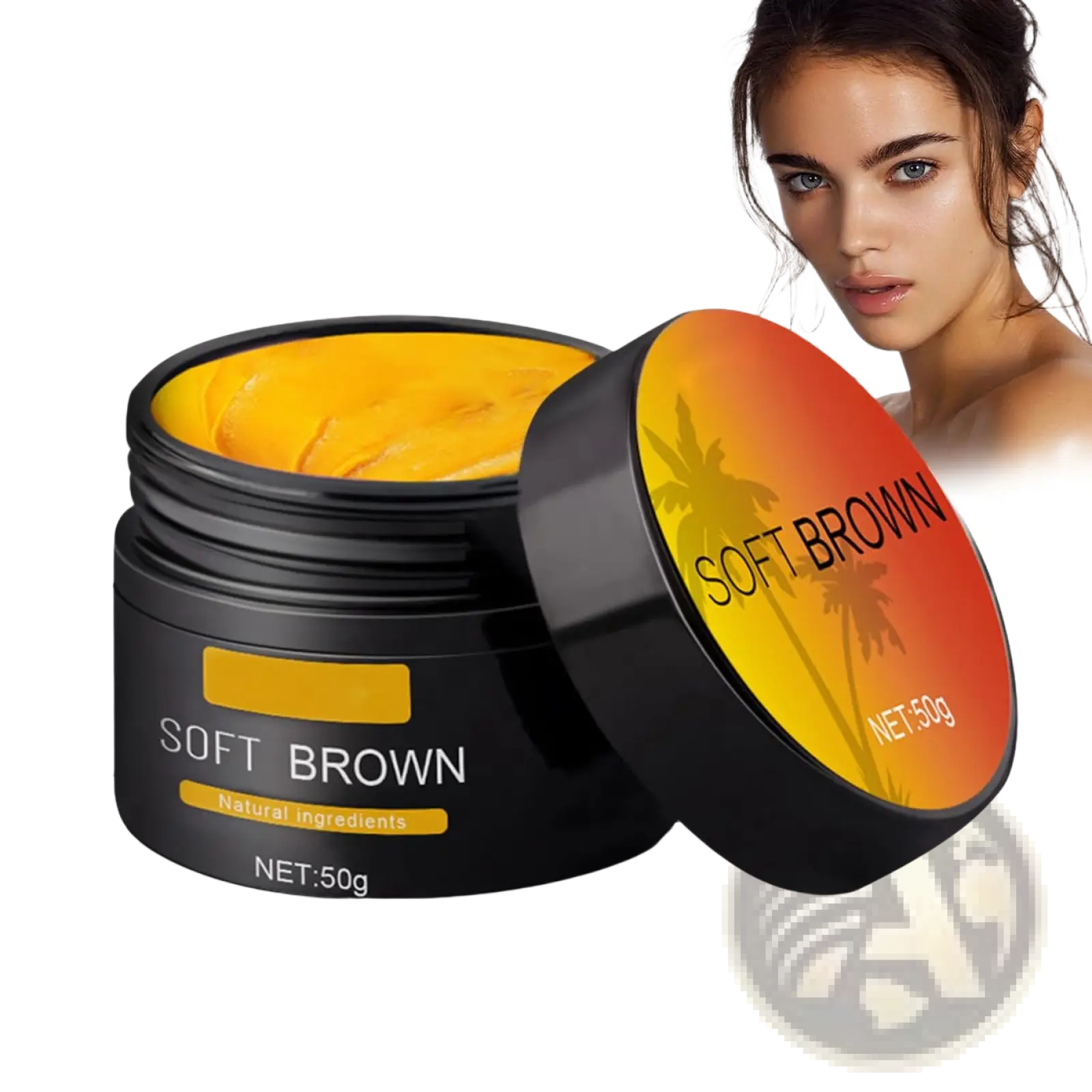 Black jar of soft brown suntanning beauty cream 50g with vibrant orange yellow lid and natural ingredients