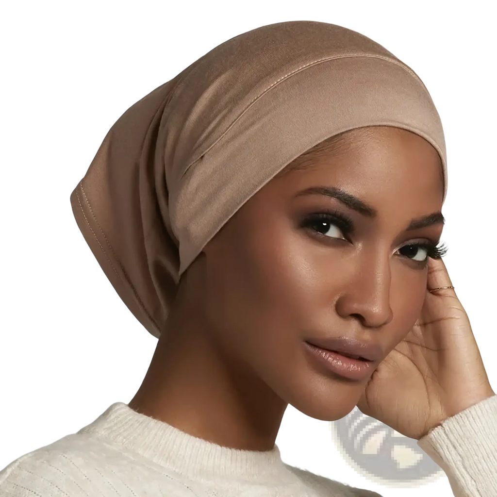 Beige satin soft cotton under scarf hijab cap with smooth elegant drape and subtle seam detailing