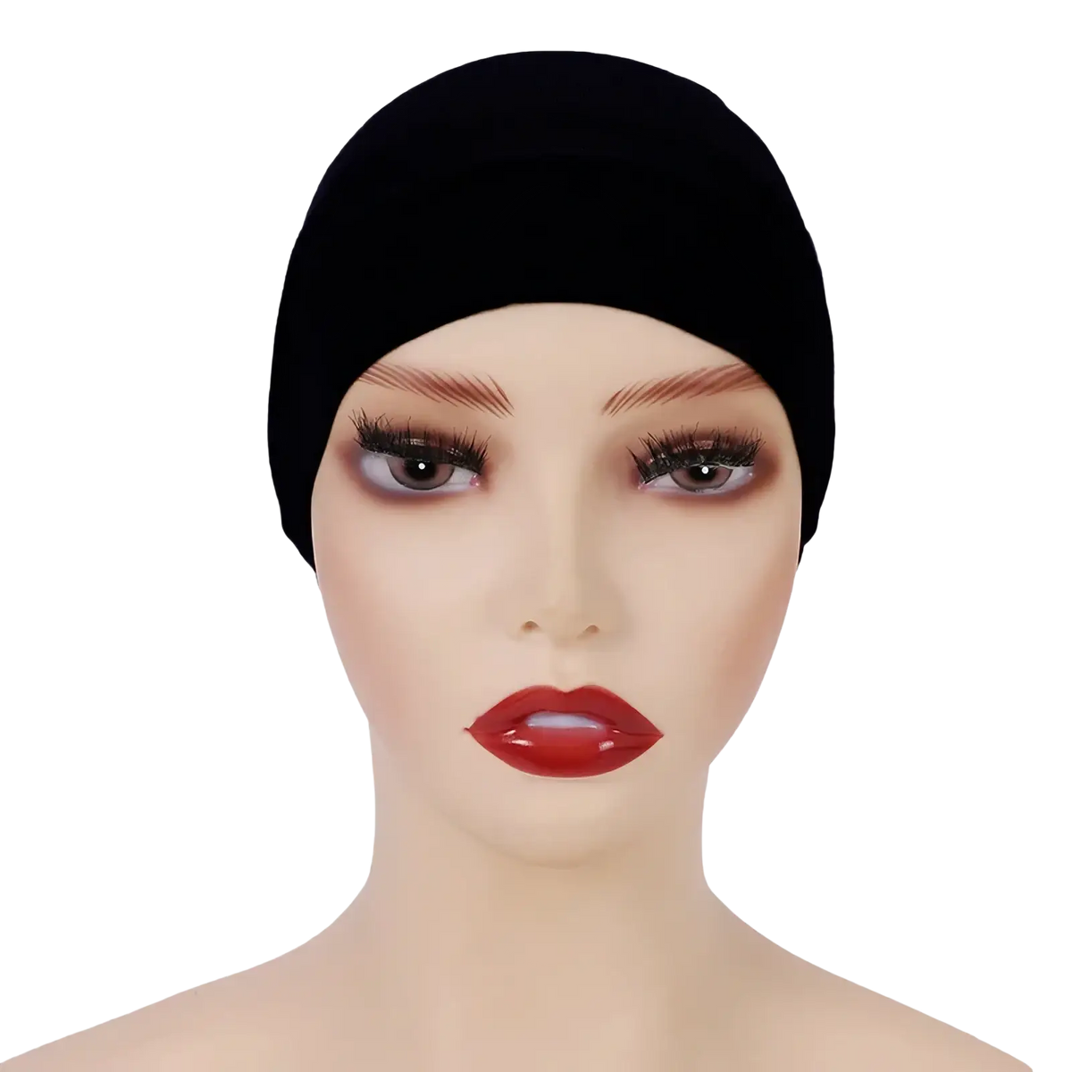 Black velvet swim cap made of soft cotton for under scarf hijab wearing shown from the back side