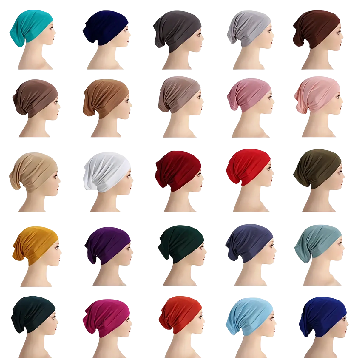 A collection of soft cotton underscarf hijab caps in solid colors displayed on mannequin heads showing stretchiness
