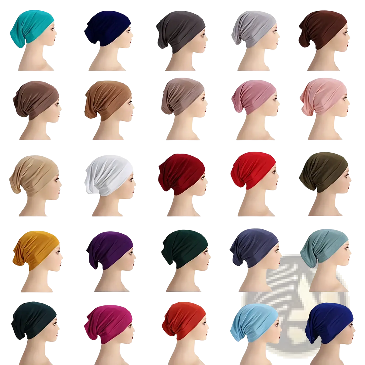 A collection of soft cotton underscarf hijab caps in solid colors displayed on mannequin heads showing stretchiness