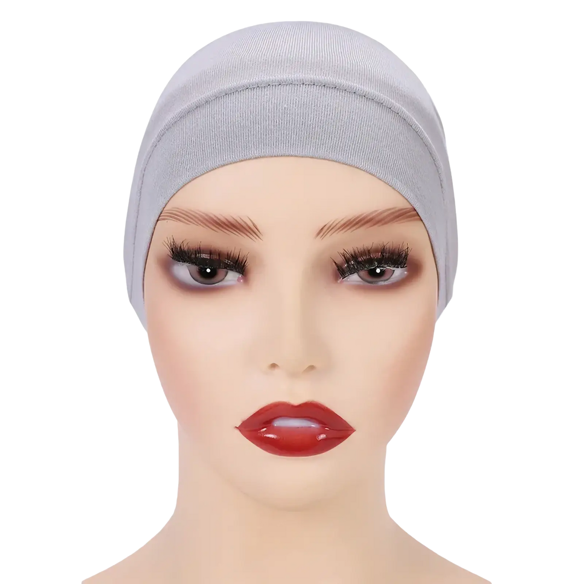 Soft cotton under scarf hijab cap in gray stretchy fabric worn snugly on a mannequin head