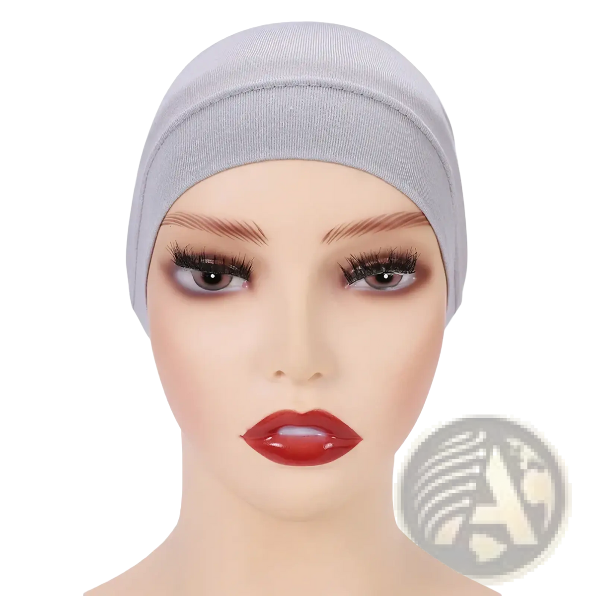 Soft cotton under scarf hijab cap in gray stretchy fabric worn snugly on a mannequin head