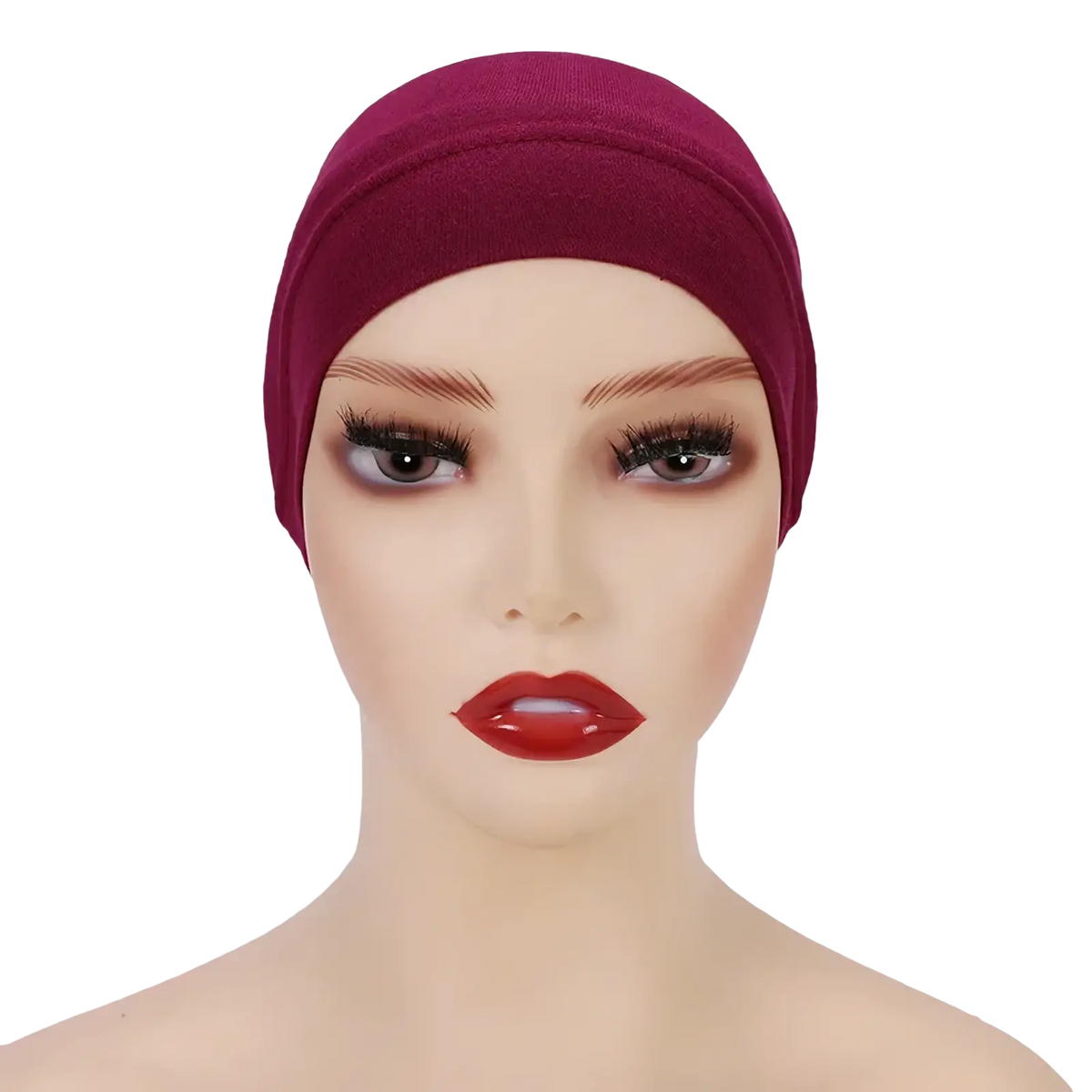Soft cotton under scarf hijab cap in maroon stretchy fabric worn snugly on a mannequin head