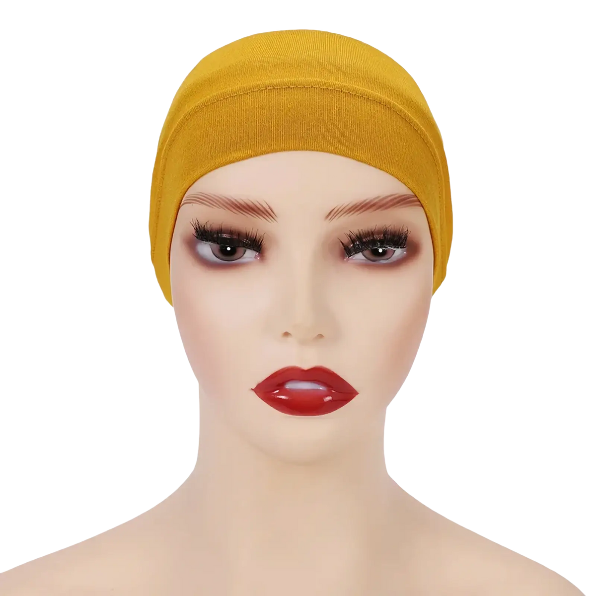 Soft cotton under scarf hijab cap in mustard yellow stretchy fabric worn snugly on a mannequin head
