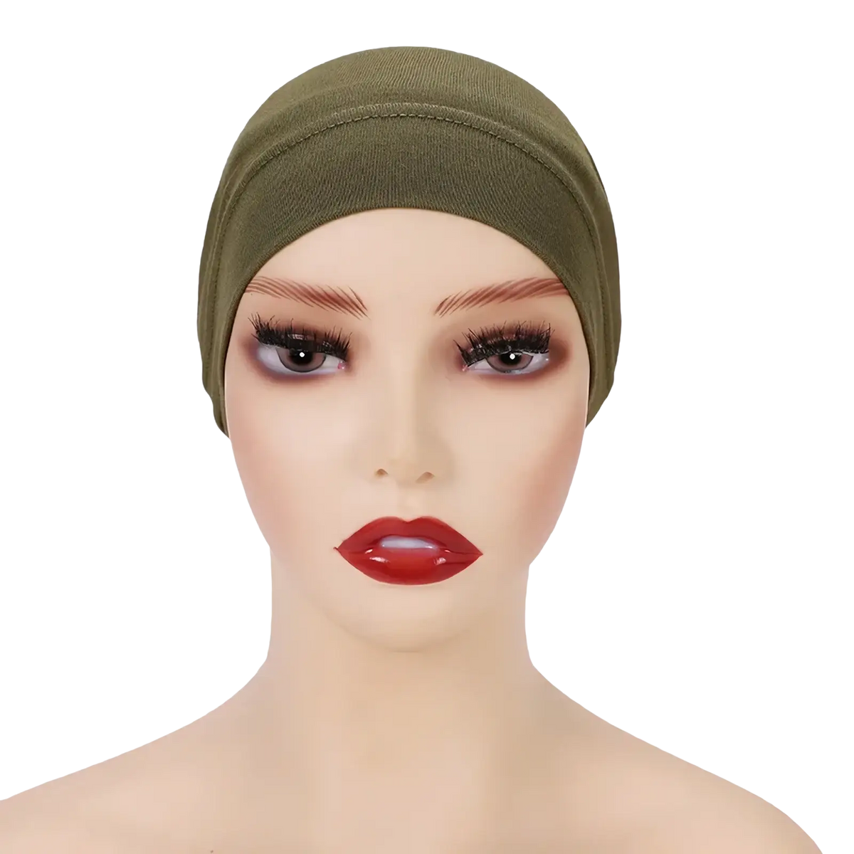 Olive green stretchy soft cotton under scarf hijab cap displayed on a mannequin for comfortable wear