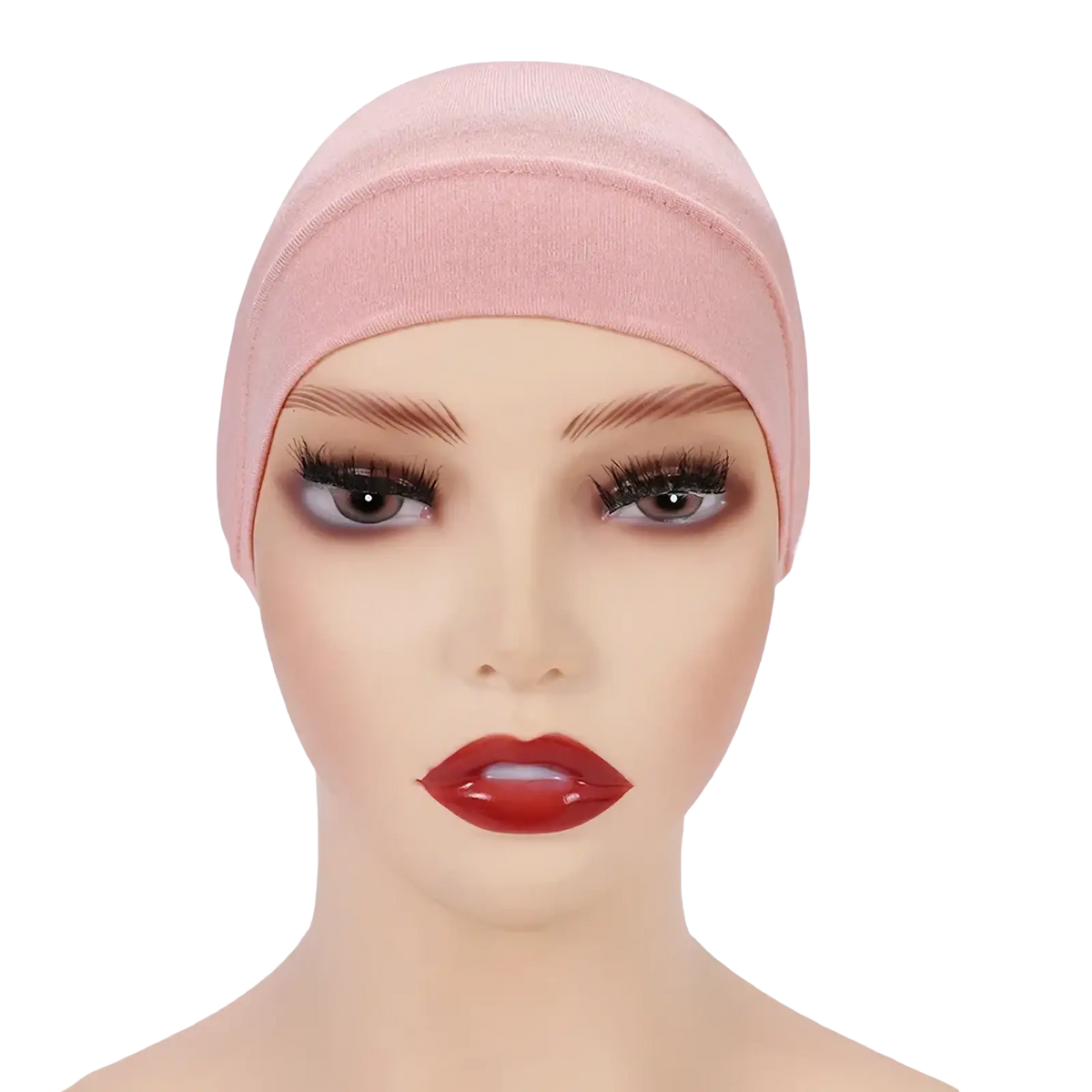 Soft pink stretchy cotton under scarf hijab cap displayed on a mannequin for comfortable wear