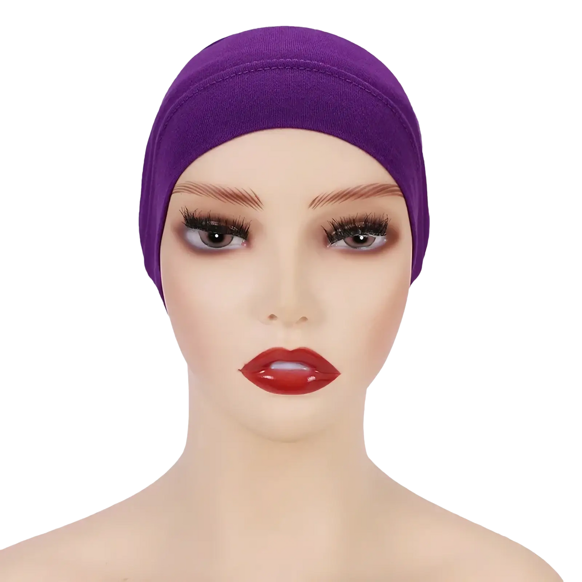 Soft cotton under scarf hijab cap in purple stretchy fabric worn snugly on a mannequin head