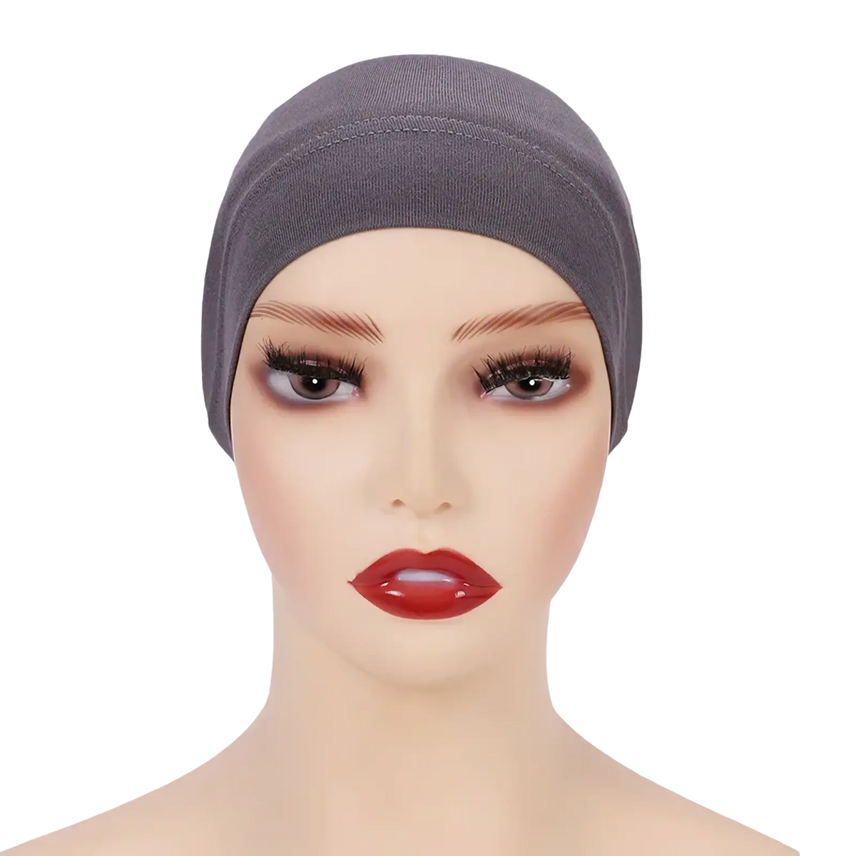 Soft cotton under scarf hijab cap in dark gray with ribbed texture and subtle edge stitching, shown from the back side