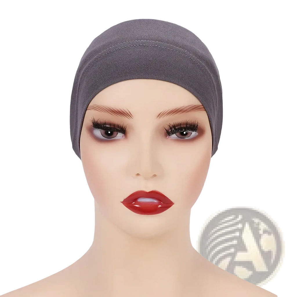 A sleek dark gray stretchy soft cotton under scarf hijab cap with ribbed texture and subtle edge stitching