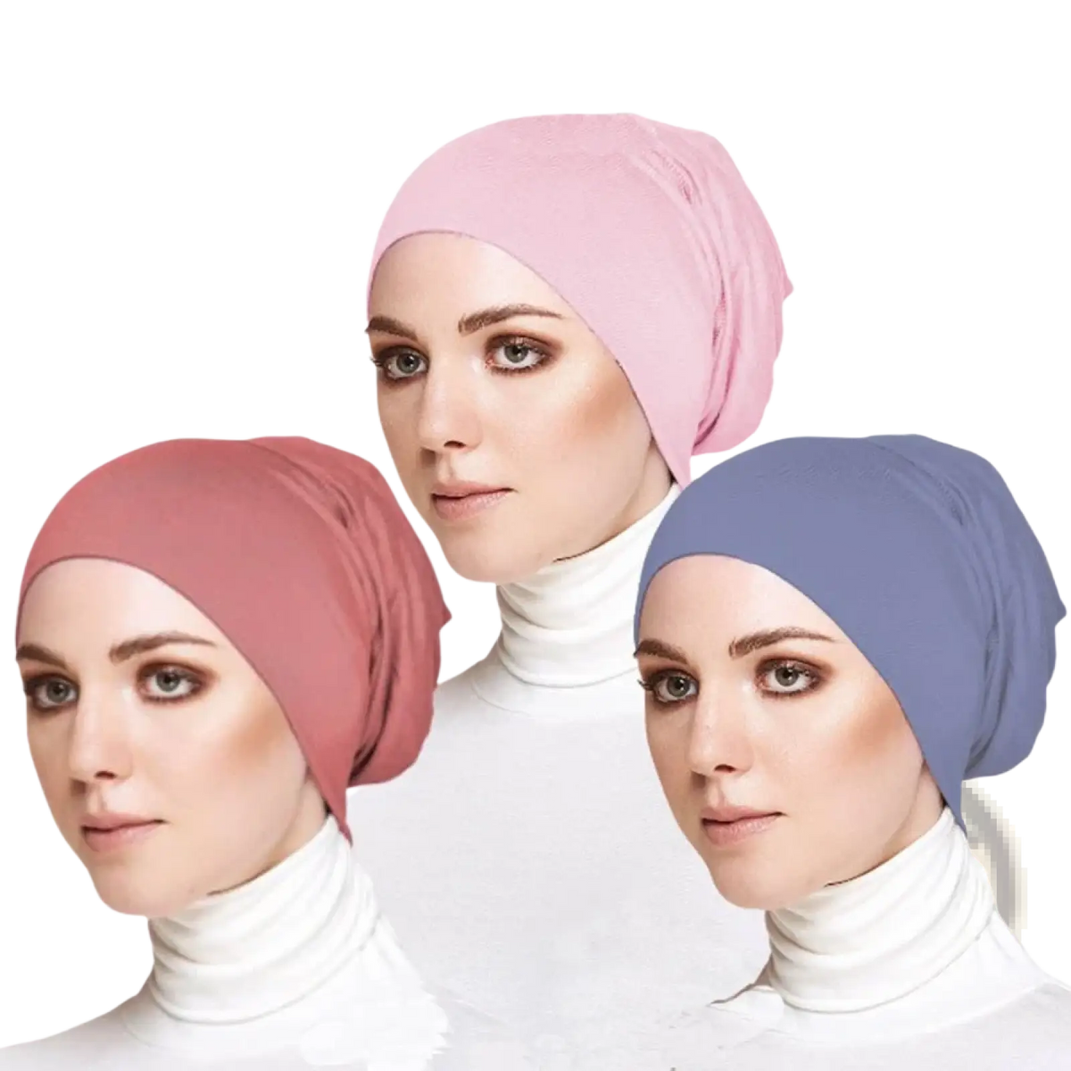 Soft cotton under scarf hijab cap made of soft stretchy fabric in pastel pink dusty rose and muted blue colors