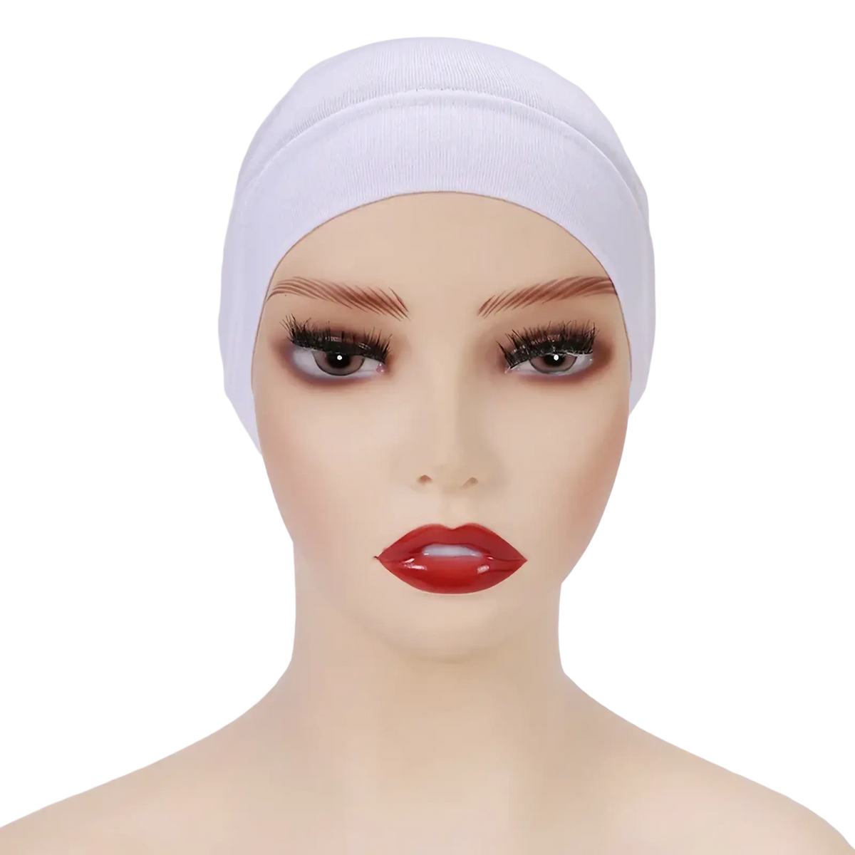 White knitted soft cotton under scarf hijab cap displayed on a mannequin for comfortable head coverage