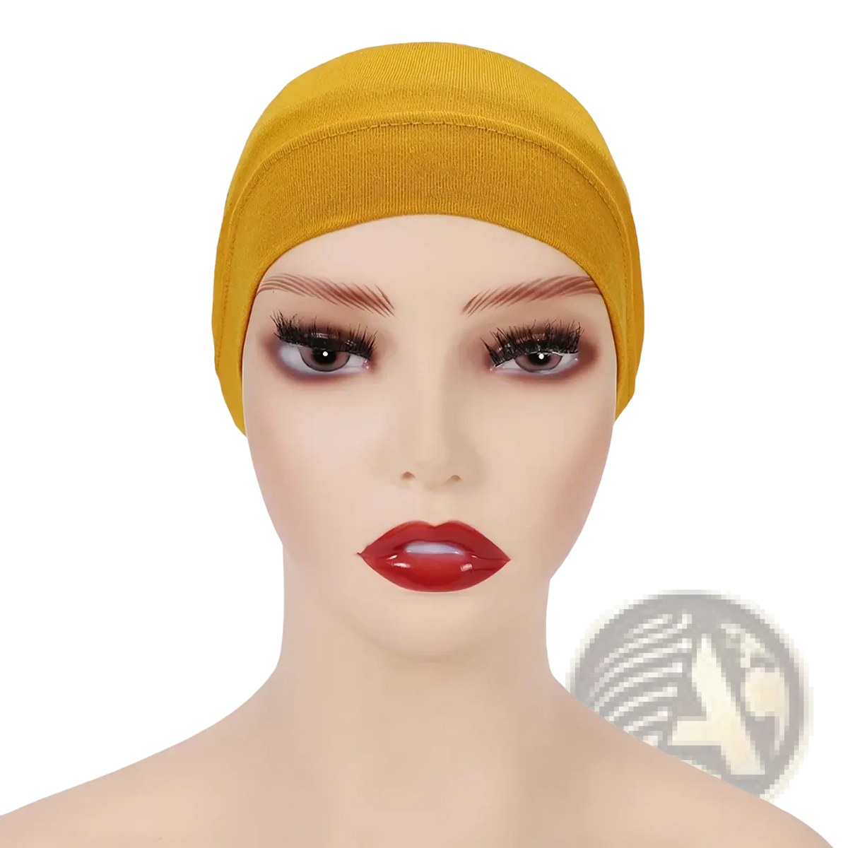Soft cotton under scarf hijab cap in mustard yellow stretchy fabric worn snugly on a mannequin head