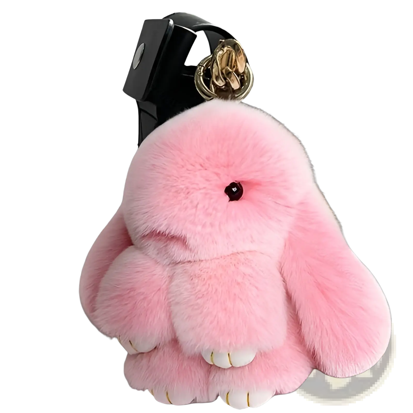 Soft fluffy bunny faux fur plush keychain in pink with gold-toned metal ring and black bead eyes