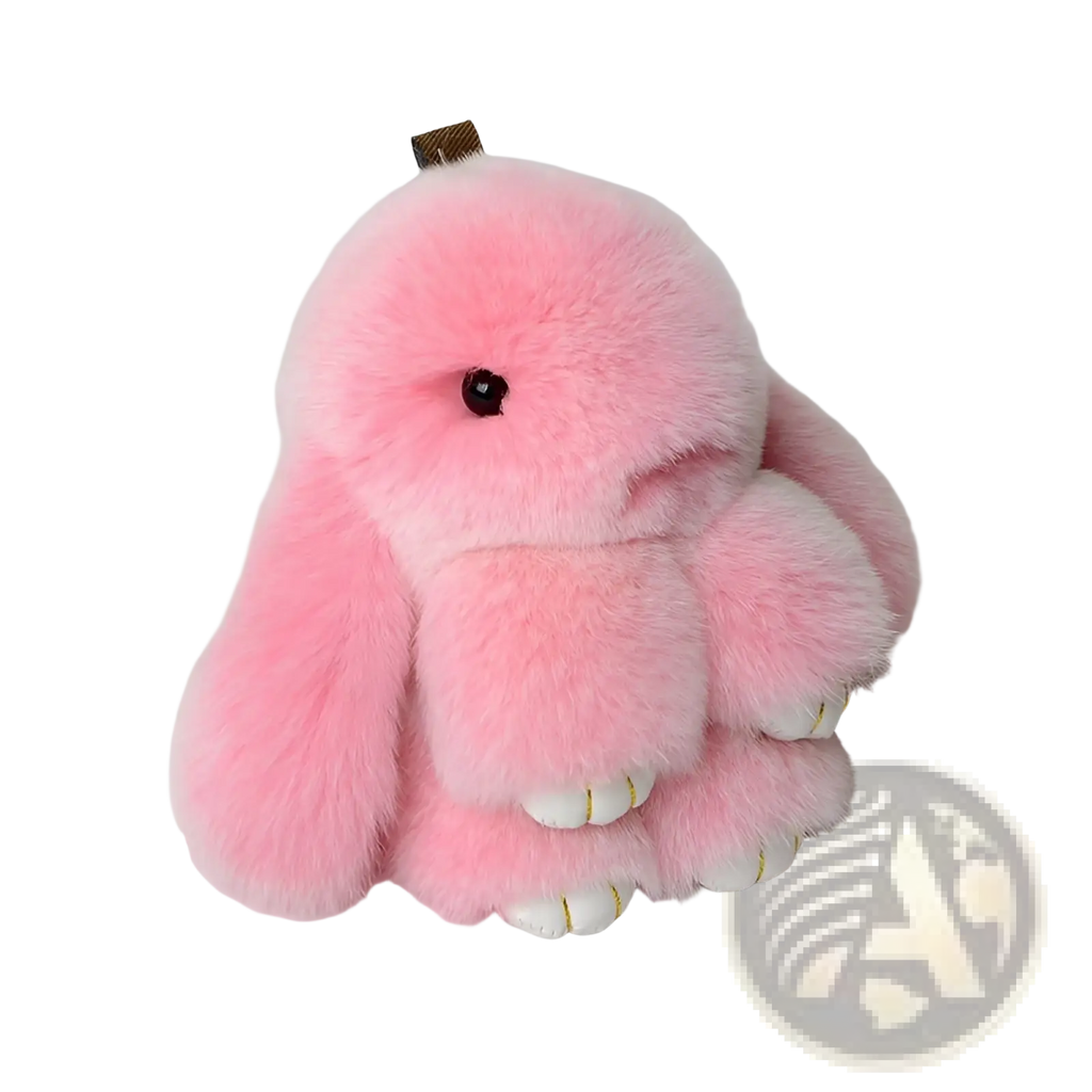 Soft fluffy pink bunny faux fur plush keychain accessory with black bead eyes and white paw details