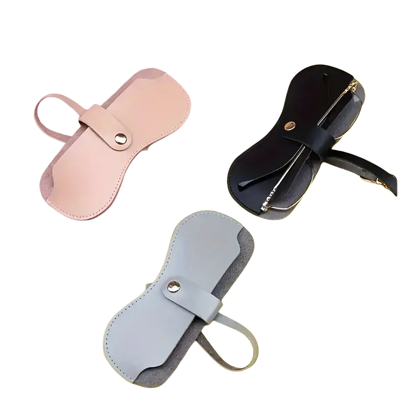 Soft leather eyeglass case with strap in beige black and gray leather with snap closures for eyewear accessories