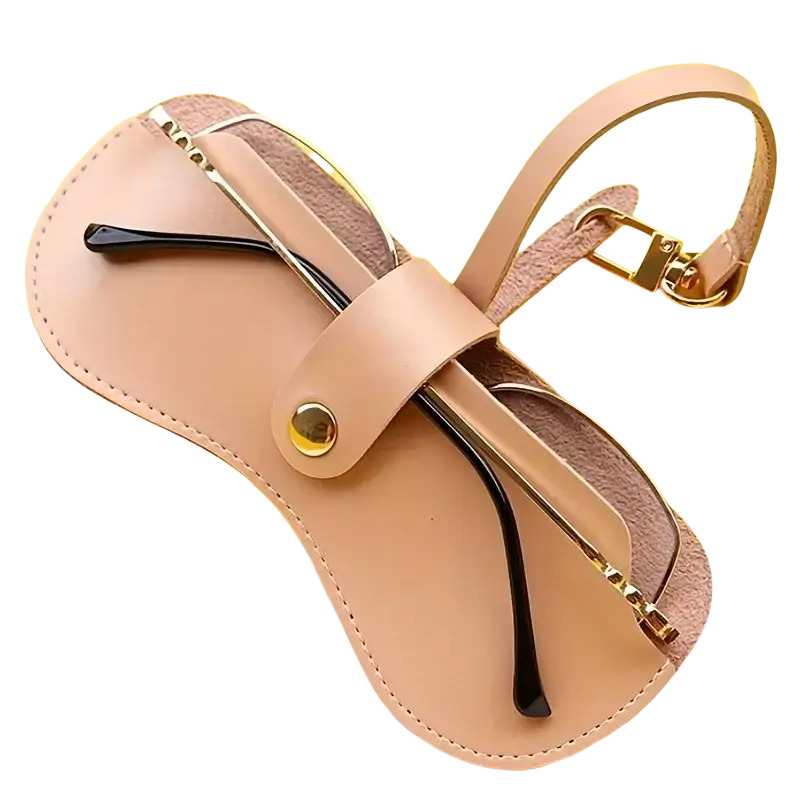 Beige soft leather eyeglass case with gold-tone hardware and detachable strap for stylish eyewear accessories