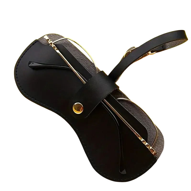 Soft black leather eyeglass case with gold-tone metal accents and strap ideal for eyewear accessories storage