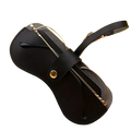 Soft black leather eyeglass case with gold-tone metal accents and strap ideal for eyewear accessories storage