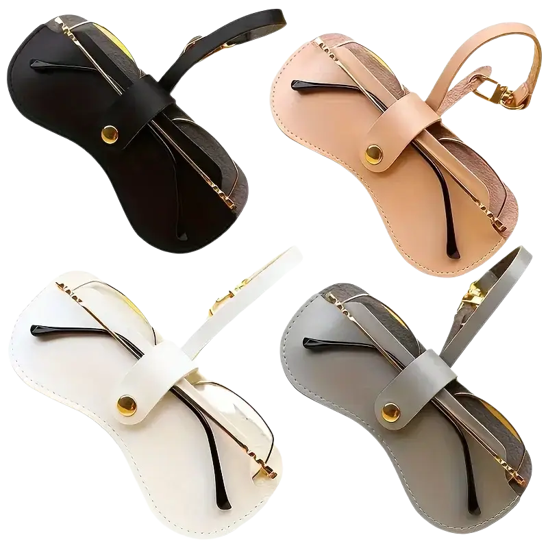 Black leather eyeglass case with gold-tone hardware and matching strap for stylish eyewear accessories storage
