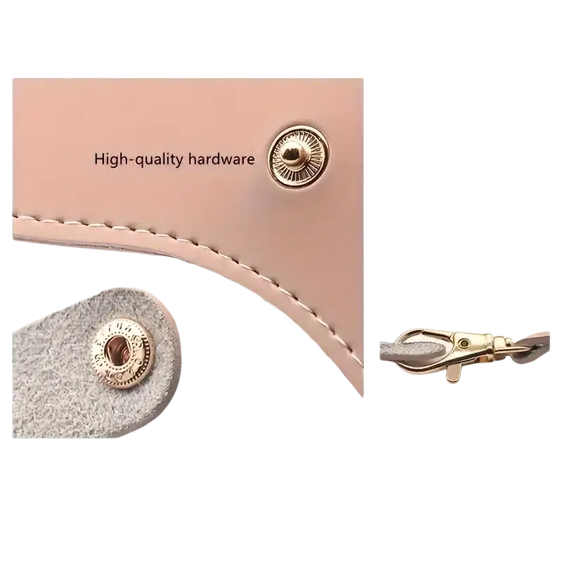 A blush pink leather eyeglass case with gold-toned hardware suede interior and a strap for eyewear accessories
