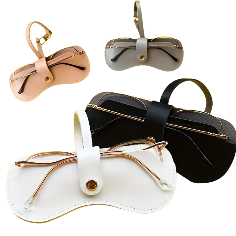 Soft leather eyeglass case in white with gold-tone button closure and adjustable strap for eyewear accessories