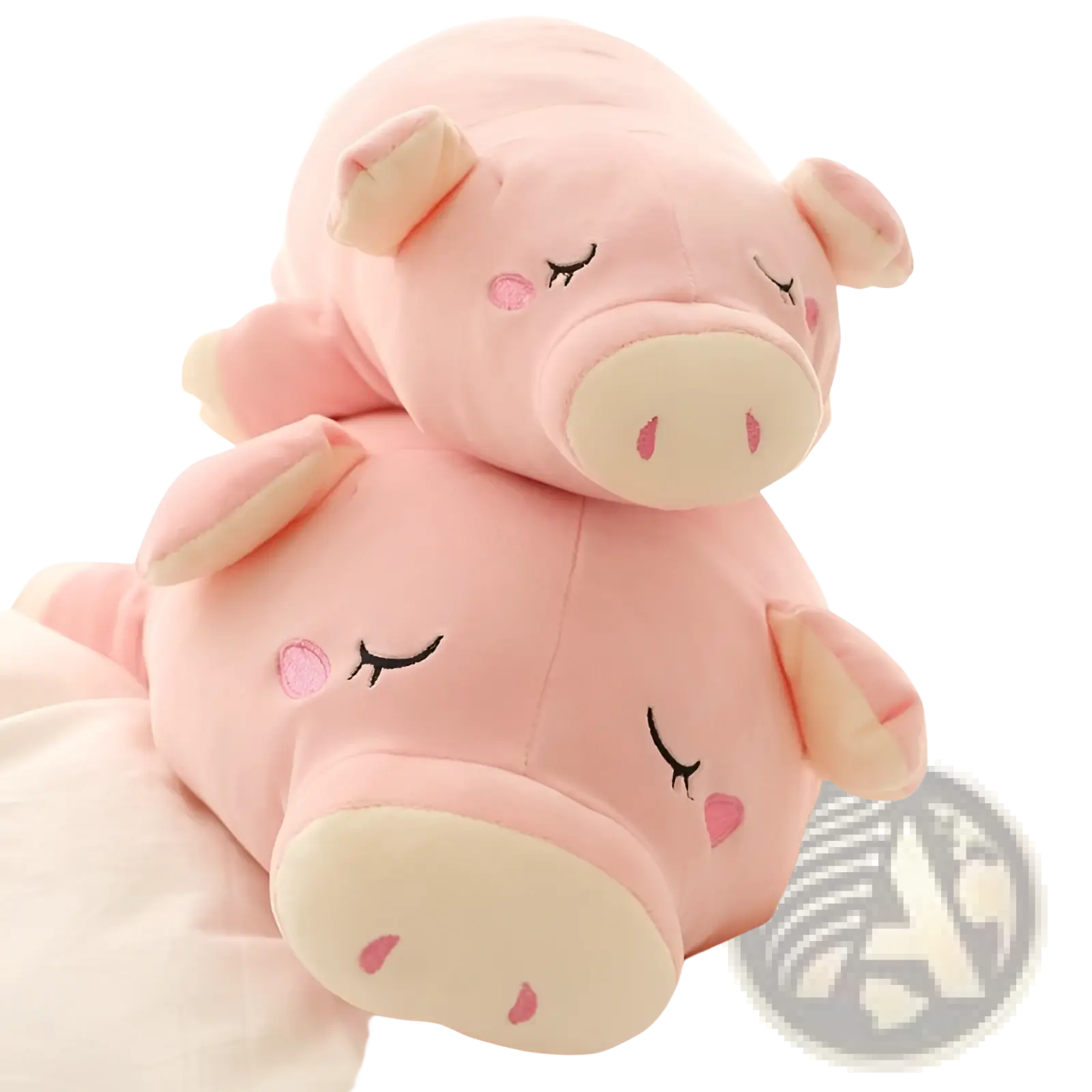 Two soft pink pig plush toys with embroidered closed eyes and fabric bodies perfect as cartoon animal pillow dolls