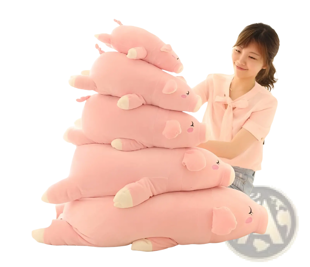 A stack of soft pink plush pig pillows with white hooves and embroidered faces ideal as cartoon animal gift dolls