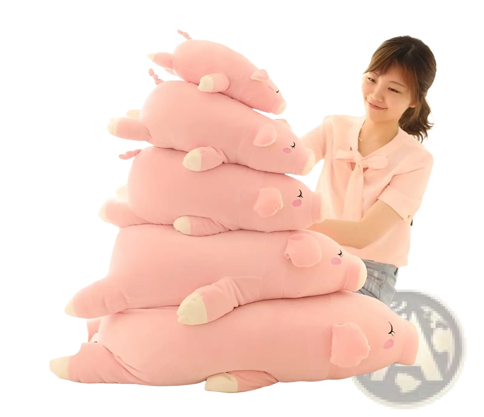 A stack of soft pink plush pig pillows with white hooves and embroidered faces ideal as cartoon animal gift dolls