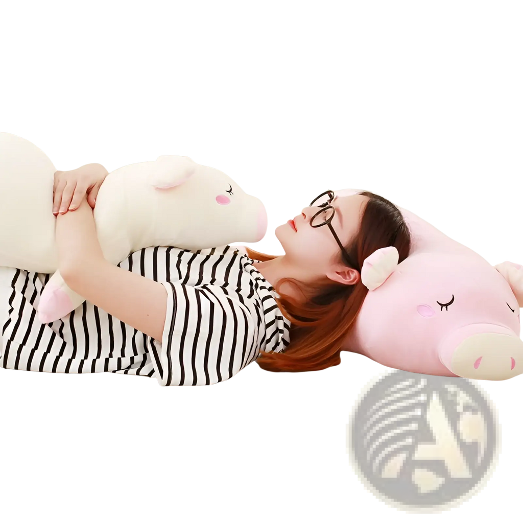 Soft pink plush pig pillow with closed eyes and rosy cheeks in soft fabric for a cartoon animal toy gift